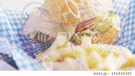 Displaying sesame burger and fries with lettuce, tomato and cheese on checkered liner, with HUD Displaying sesame burger and fries with lettuce, tomato and cheese on checkered liner, with HUD 141816385