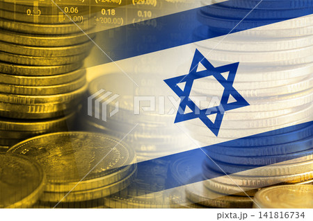 Stock market investment trading financial, coin and Israel flag , finance business trend data. Stock market investment trading financial, coin and Israel flag , finance business trend data. 141816734