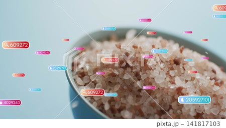 Presenting ceramic bowl holding coarse pink rock salt crystals on studio table, with digital badges Presenting ceramic bowl holding coarse pink rock salt crystals on studio table, with digital badges 141817103