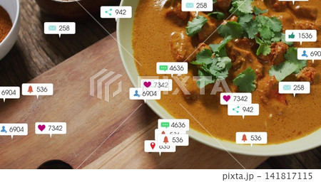 Showing shallow white curry bowl sitting on wooden board, cilantro, spices, notification bubbles Showing shallow white curry bowl sitting on wooden board, cilantro, spices, notification bubbles 141817115