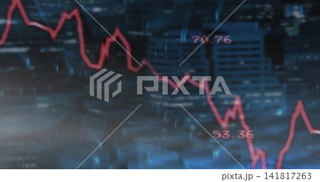 Displaying neon red jagged line chart descending across rainy skyline, showing labels 70 Displaying neon red jagged line chart descending across rainy skyline, showing labels 70 141817263