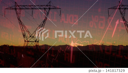 Showing steel pylon with power lines spanning ridgeline at sunset red financial overlay, copy space Showing steel pylon with power lines spanning ridgeline at sunset red financial overlay, copy space 141817329