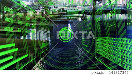 Floating green circular HUD reticle over canal at night with piers railings numeric readouts Floating green circular HUD reticle over canal at night with piers railings numeric readouts 141817345