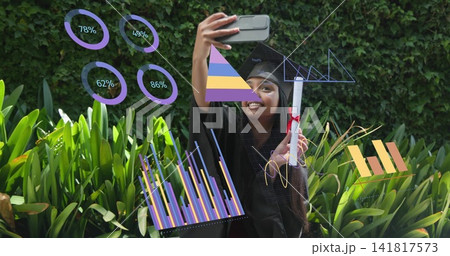 Smiling grad in black gown cap taking selfie in garden, phone and red-ribbon diploma, AR-graphics 141817573