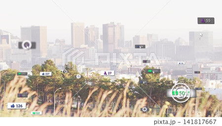 Displaying horizontal band of trees stretching across hillside overlook, with floating UI badges Displaying horizontal band of trees stretching across hillside overlook, with floating UI badges 141817667