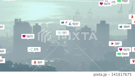 Displaying high-rises looming over hilltop coast view, with social notifications and port cranes 141817675