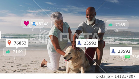 Kneeling mature couple petting golden retriever on beach with casual beachwear and social overlays 141817807