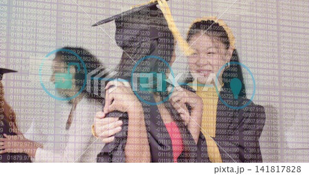 Laughing five women leaning in living room, showing numeric overlay with teal HUD and yellow hoodie 141817828