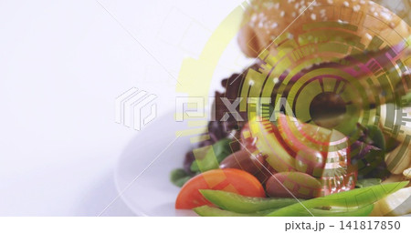 Showing white plate with red-green lettuce, tomato wedge, green pods, olives, HUD overlay in studio Showing white plate with red-green lettuce, tomato wedge, green pods, olives, HUD overlay in studio 141817850