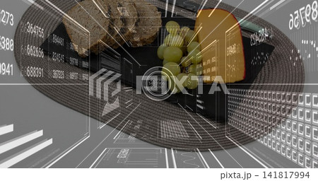 Showing black plate holding wedge cheese with red-rind, grapes and bread on placemat, HUD overlays 141817994