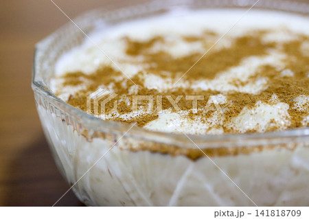 Close Up of Homemade Rice Pudding with Ground Cinnamon Close Up of Homemade Rice Pudding with Ground Cinnamon 141818709