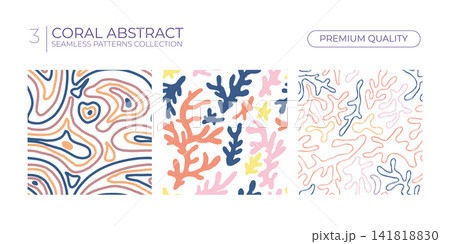Three coral seamless patterns with abstract marine shapes and lines 141818830