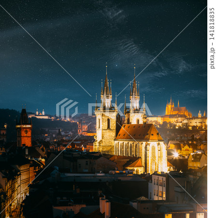 Church of Our Lady before Tyn under a starry night sky in Prague Church of Our Lady before Tyn under a starry night sky in Prague 141818835