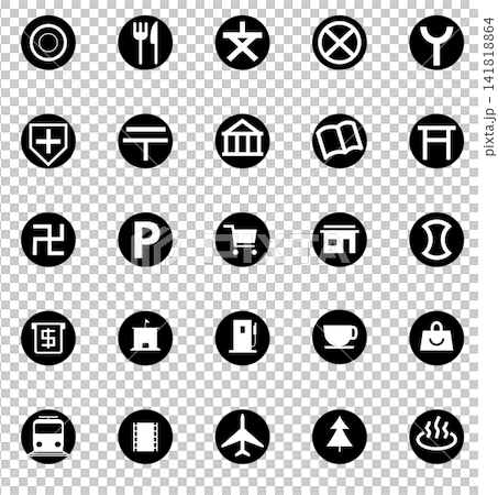 A set of black circular icon materials for guiding visitors to facilities on a map. A set of black circular icon materials for guiding visitors to facilities on a map. 141818864