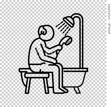 Minimalist line icon of an elderly person sitting on a shower bench while being assisted with washing by a caregiver, highlighting bathroom safety and personal hygiene. Minimalist line icon of an elderly person sitting on a shower bench while being assisted with washing by a caregiver, highlighting bathroom safety and personal hygiene. 141818991