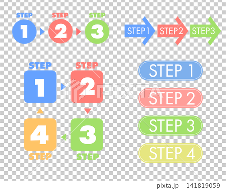 A set of colorful icons and arrows representing steps and procedures. A set of colorful icons and arrows representing steps and procedures. 141819059