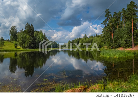 Eco tourism concept. Scenic summer landscape of pristine Oredezh river in Leningrad region, Russia. 141819267
