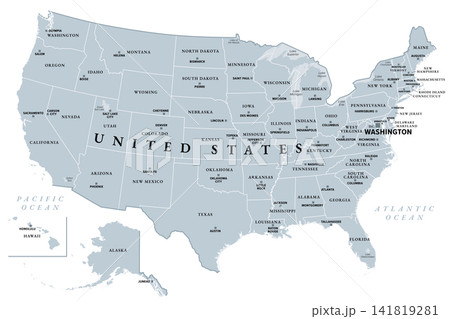 United States of America, USA, gray political map. Fifty single states of the federal republic with their capitals and borders, and the capital district, Washington, D.C. Isolated illustration. Vector 141819281