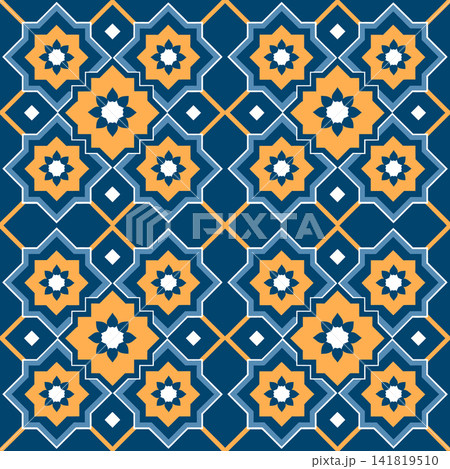 Geometric Islamic Seamless Pattern with arabic geometric ornament in blue and yellow colors. Background. Geometric Islamic Seamless Pattern with arabic geometric ornament in blue and yellow colors. Background. 141819510