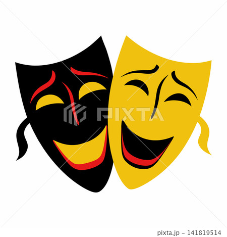Comedy and tragedy masks. Theatrical icon. Yellow black design illustration. Comedy and tragedy masks. Theatrical icon. Yellow black design illustration. 141819514