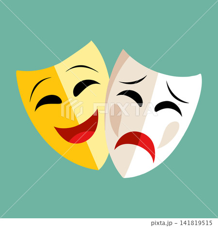 Comedy and tragedy masks. Theatrical icon. Yellow white design illustration. Comedy and tragedy masks. Theatrical icon. Yellow white design illustration. 141819515