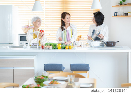 家で料理をするシニアの女性と友達 家で料理をするシニアの女性と友達 141820144