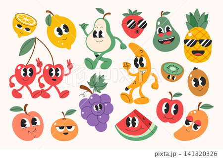 Funny fruits character collection. Seasonal fruits emoji face. Stickers cute fruits in different emoji expression in y2k style. Funny fruits character collection. Seasonal fruits emoji face. Stickers cute fruits in different emoji expression in y2k style. 141820326