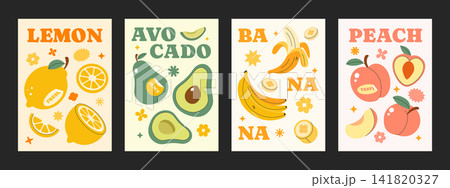 Different variations of poster fruits. Design layout fruits flyer. Lemon, avocado, banana, peach, healthy seasonal fruits. Different variations of poster fruits. Design layout fruits flyer. Lemon, avocado, banana, peach, healthy seasonal fruits. 141820327