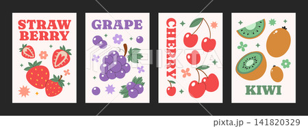 Different variations of poster fruits. Design layout fruits flyer. Strawberry, grape, cherry, kiwi, healthy seasonal fruits. Different variations of poster fruits. Design layout fruits flyer. Strawberry, grape, cherry, kiwi, healthy seasonal fruits. 141820329