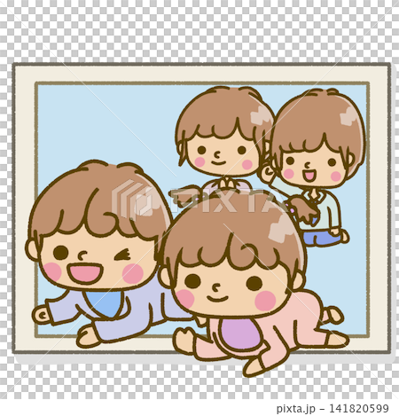 A photographic illustration of crawling twin babies and their parents watching over them. A photographic illustration of crawling twin babies and their parents watching over them. 141820599