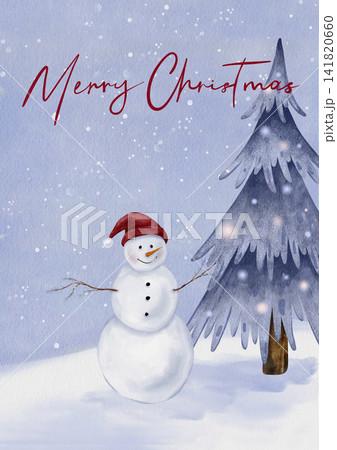 Watercolor Christmas illustration of smiling snowman wearing red hat and cartoon tree against on blue snowy background with snow falling. Template card with handwritten Merry Christmas on background Watercolor Christmas illustration of smiling snowman wearing red hat and cartoon tree against on blue snowy background with snow falling. Template card with handwritten Merry Christmas on background 141820660