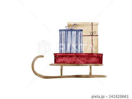 Hand drawn watercolor illustration of festive Christmas sled. Wooden sled with gift boxes wrapped in striped blue, beige, dotted red paper. Composition of winter holiday invitations, greeting cards Hand drawn watercolor illustration of festive Christmas sled. Wooden sled with gift boxes wrapped in striped blue, beige, dotted red paper. Composition of winter holiday invitations, greeting cards 141820661