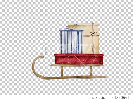 Hand drawn watercolor illustration of festive Christmas sled. Wooden sled with gift boxes wrapped in striped blue, beige, dotted red paper. Composition of winter holiday invitations, greeting cards Hand drawn watercolor illustration of festive Christmas sled. Wooden sled with gift boxes wrapped in striped blue, beige, dotted red paper. Composition of winter holiday invitations, greeting cards 141820661