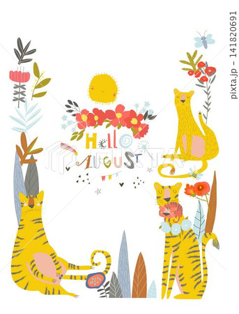 Cute Cartoon Frame With Lions With Flowers and Plants 141820691