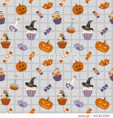 Halloween seamless background with trick-or-treat sweet, ghost, cupcakes, vampire lips and Jack-o-lantern pumpkin for packaging 141821007