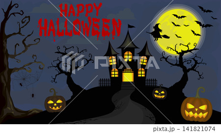 月夜の洋館とジャックオーランタンのハロウィン背景（HAPPY HALLOWEEN ロゴ入り） 141821074