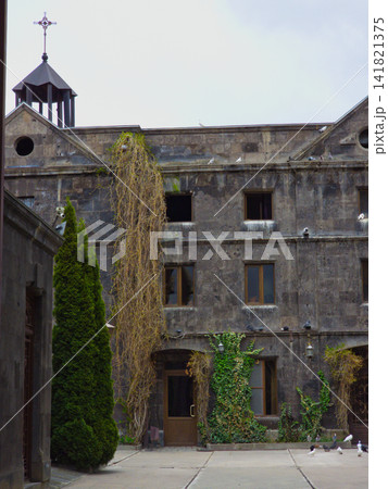 Historic stone courtyard with overgrown plants and birds Historic stone courtyard with overgrown plants and birds 141821375