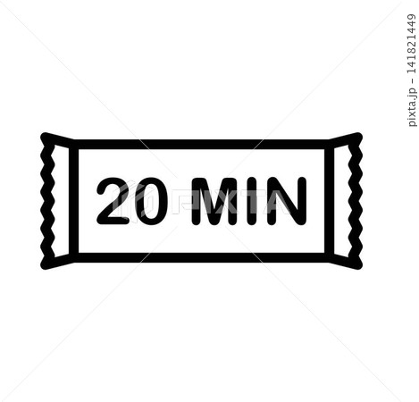 Minimalist line icon of a nicotine pouch with 20 MIN text symbol. Graphic element representing recommended duration of use for smokeless tobacco products. Isolated on white background. 141821449