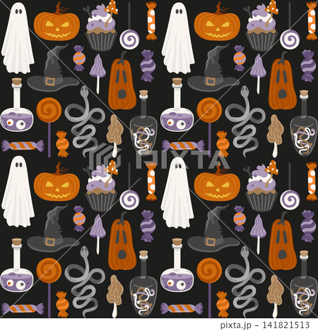 Halloween seamless pattern with trick-or-treat sweet, ghost, cupcakes, potion, witch hat and Jack-o-lantern pumpkin for packaging 141821513