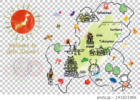 岐阜縣旅遊景點和吉祥物地圖，配有可愛的手繪插圖。 141821966