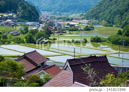 田植えの季節を迎えた山間の里山集落 141821996