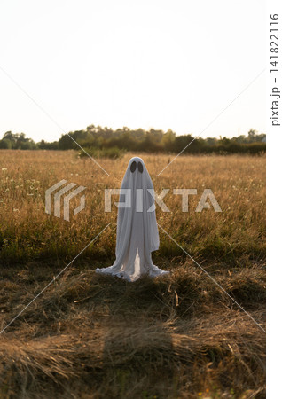 Little ghost standing silently in autumn meadow at golden hour Little ghost standing silently in autumn meadow at golden hour 141822116