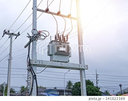 high-voltage power transformer on concrete pole 141822169