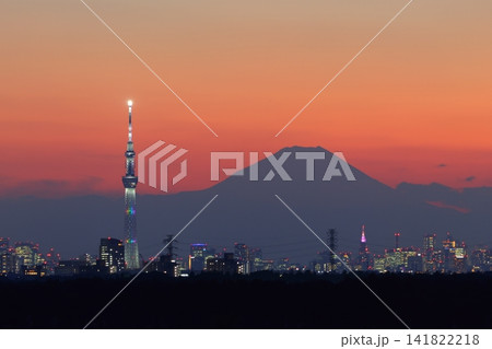 夕日に染まる東京スカイツリーと富士山 夕日に染まる東京スカイツリーと富士山 141822218