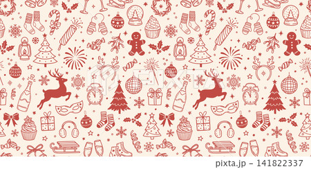 Christmas seamless doodle pattern with red winter elements, reindeer, sweets, skates, ornaments, gifts, and festive cream background Christmas seamless doodle pattern with red winter elements, reindeer, sweets, skates, ornaments, gifts, and festive cream background 141822337