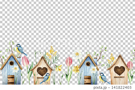 Wood cute birdhouse with daffodils flowers and muscari. Watercolor seamless border, banner, frame spring, easter hand drawn illustration isolated on background, transparent png. Botanical and wedding Wood cute birdhouse with daffodils flowers and muscari. Watercolor seamless border, banner, frame spring, easter hand drawn illustration isolated on background, transparent png. Botanical and wedding 141822403
