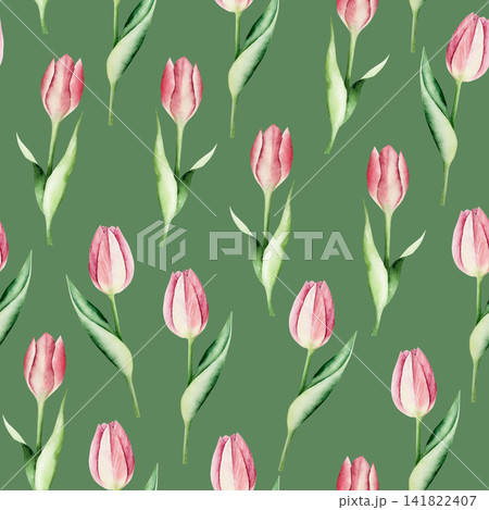 Spring pink tulip flowers seamless pattern. Watercolor easter hand drawn illustration isolated on background, transparent png. Botanical and wedding clip art. For greeting card, wallpaper, wrapping Spring pink tulip flowers seamless pattern. Watercolor easter hand drawn illustration isolated on background, transparent png. Botanical and wedding clip art. For greeting card, wallpaper, wrapping 141822407