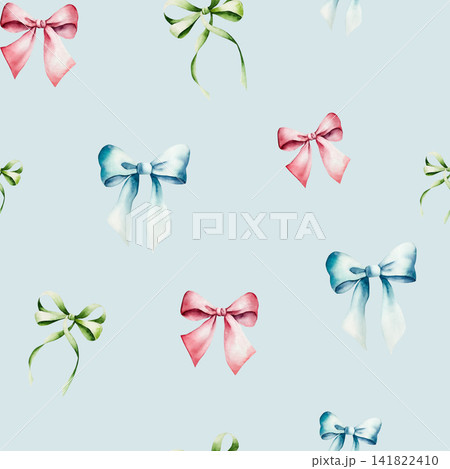 Seamless pattern with bows, long ribbons. Watercolor spring accessory of little girl. Hand drawn illustration isolated on background, transparent png. Botanical and wedding illustration. Baby shower Seamless pattern with bows, long ribbons. Watercolor spring accessory of little girl. Hand drawn illustration isolated on background, transparent png. Botanical and wedding illustration. Baby shower 141822410