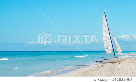 Sailboats anchored on a sandy beach under a clear blue sky Sailboats anchored on a sandy beach under a clear blue sky 141822467