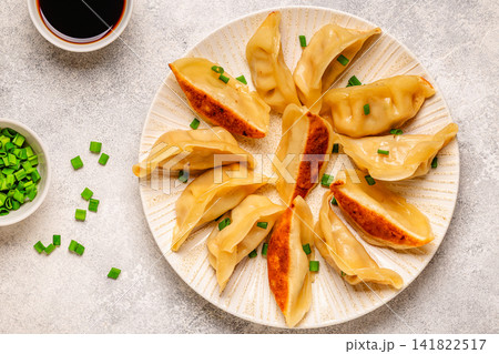 Dumplings served on a plate with green onions Dumplings served on a plate with green onions 141822517